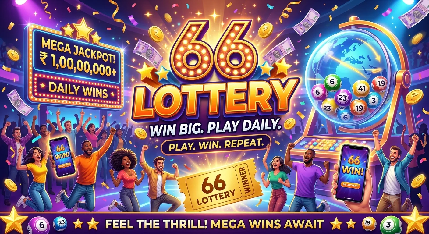 66Lottery game promotional artwork with lottery and arcade visuals